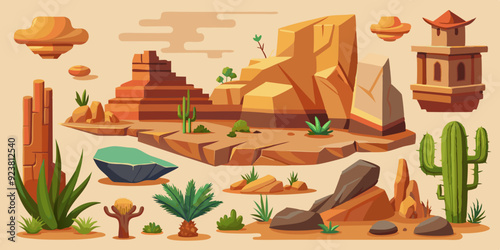 Desert rock set, vector canyon stone kit, wild west plants, environment nature objects, cactus, agave. Mountain solid boulder, cliff formation, landscape elements, succulent. Desert rock game clipart