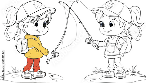 coloring page a simple drawing of red yellow with baby girl & boy fishing, vector illustrator