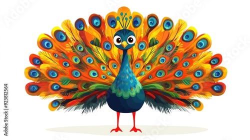 A smiling cartoon peacock with colorful feathers, fanning out its tail.