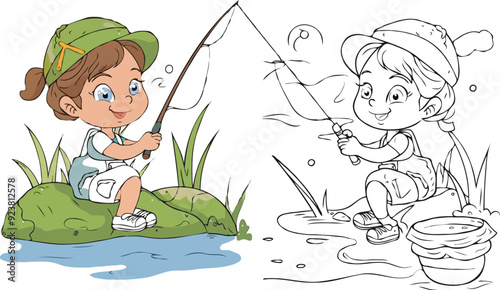 coloring page a simple drawing of red yellow with baby girl & boy fishing, vector illustrator