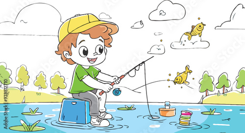 coloring page a simple drawing of red yellow with baby girl & boy fishing, vector illustrator