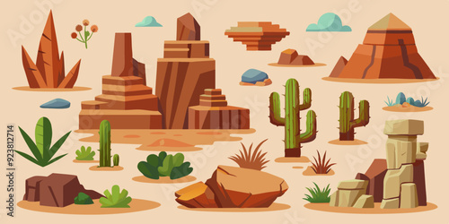 Desert rock set, vector canyon stone kit, wild west plants, environment nature objects, cactus, agave. Mountain solid boulder, cliff formation, landscape elements, succulent. Desert rock game clipart