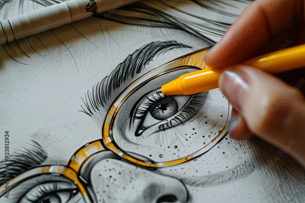 Fototapeta premium A detailed pencil illustration of a human eye being drawn on paper.