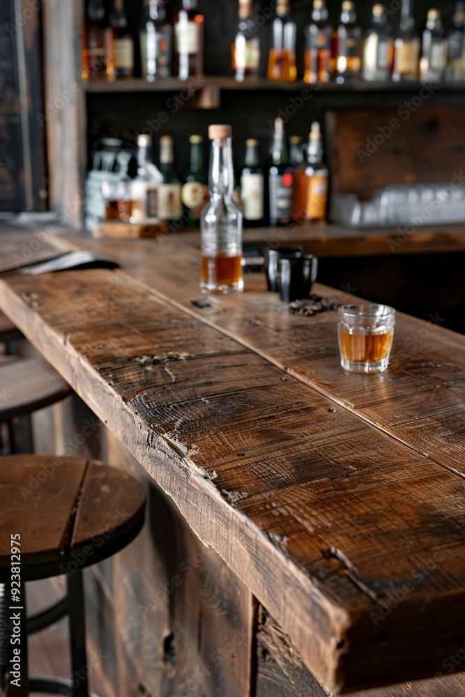 A Wooden bar counter with whiskey bottles and beer A Wooden bar counter with whiskey bottles and beer