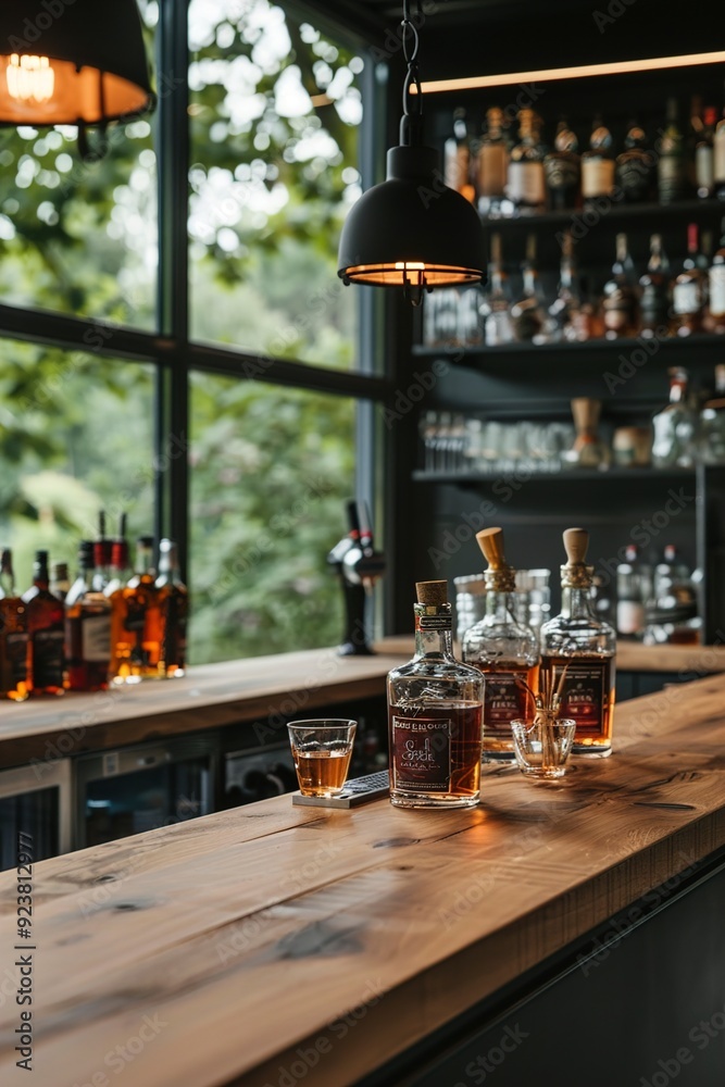 A Wooden bar counter with whiskey bottles and beer A Wooden bar counter with whiskey bottles and beer