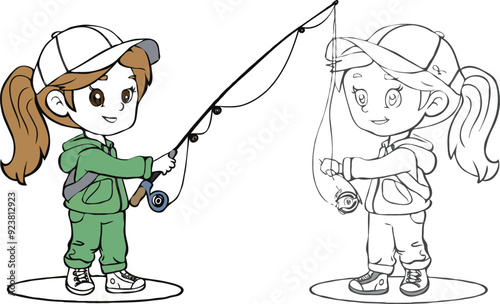 coloring page a simple drawing of red yellow with baby girl & boy fishing, vector illustrator