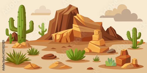 Desert rock set, vector canyon stone kit, wild west plants, environment nature objects, cactus, agave. Mountain solid boulder, cliff formation, landscape elements, succulent. Desert rock game clipart