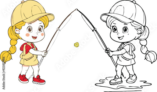 coloring page a simple drawing of red yellow with baby girl & boy fishing, vector illustrator