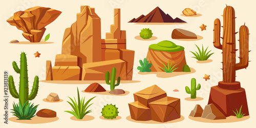 Desert rock set, vector canyon stone kit, wild west plants, environment nature objects, cactus, agave. Mountain solid boulder, cliff formation, landscape elements, succulent. Desert rock game clipart