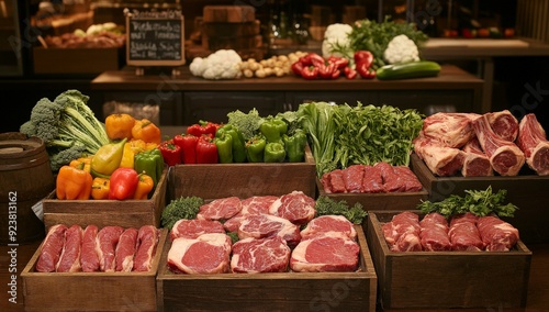 Fresh Meat and Vegetables on Display at Market - Organic Produce and High-Quality Cuts