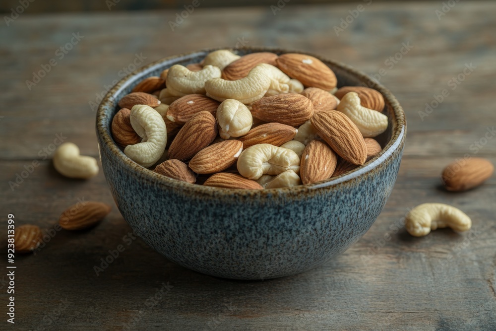 A rustic bowl brimming with almonds and cashews is set on a wooden surface, capturing the essence of a healthy snack amidst soft natural lighting A rustic bowl brimming with almonds and cashews is set on a wooden surface, capturing the essence of a healthy snack amidst soft natural lighting