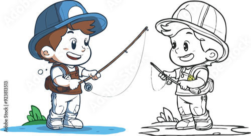 coloring page a simple drawing of red yellow with baby girl & boy fishing, vector illustrator