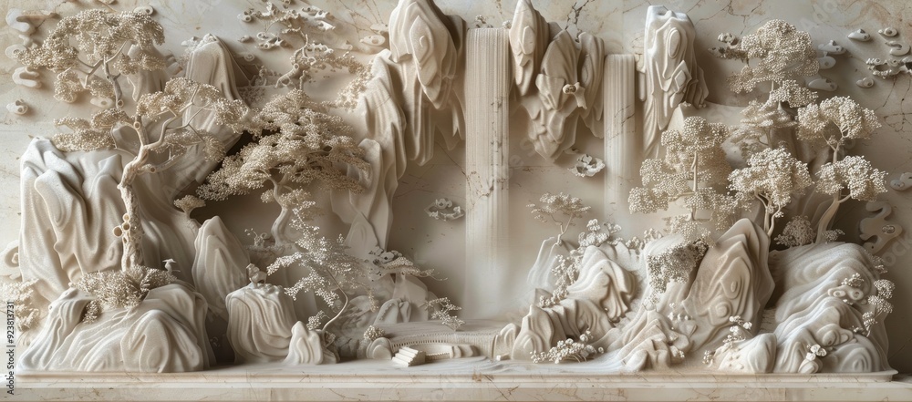 Relief, Chinese landscape wall sculpture, carved stone waterfall with trees and rocks, high definition details, beige color tone, marble texture background, front view Relief, Chinese landscape wall sculpture, carved stone waterfall with trees and rocks, high definition details, beige color tone, marble texture background, front view