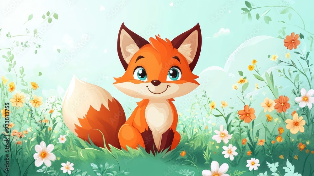 Adorable cartoon fox with a bushy tail, sitting in a meadow with flowers. Adorable cartoon fox with a bushy tail, sitting in a meadow with flowers.