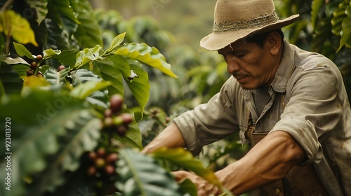 Colombian coffee farmer in a lush plantation, picking coffee beans photo