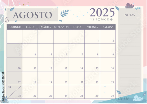Calendario mensual 2025 en Español. AGOSTO