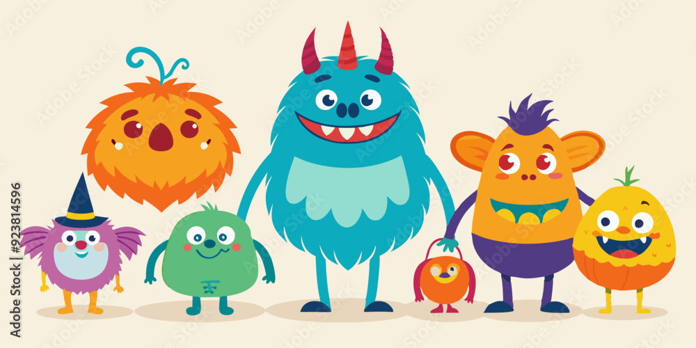 Naklejka premium Halloween cute monster set, vector doodle hand drawn spooky kids creature, colorful pencil print. Cartoon holiday funny fluffy smiling alien, naive baby horror humor illustration. Cute monster sketch