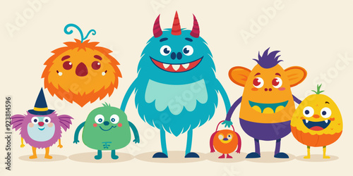 Halloween cute monster set, vector doodle hand drawn spooky kids creature, colorful pencil print. Cartoon holiday funny fluffy smiling alien, naive baby horror humor illustration. Cute monster sketch