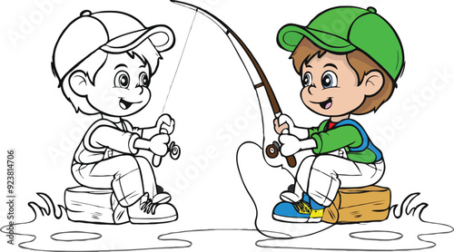 coloring page a simple drawing of red yellow with baby girl & boy fishing, vector illustrator