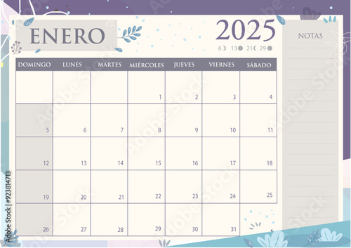 Calendario mensual 2025 en Español. ENERO