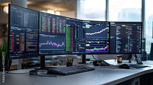 modern trading desk with multiple monitors displaying stock charts, financial news, and trading platforms, conveying a high-energy trading environment.