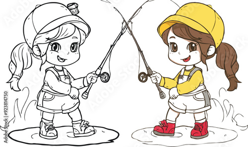 coloring page a simple drawing of red yellow with baby girl & boy fishing, vector illustrator