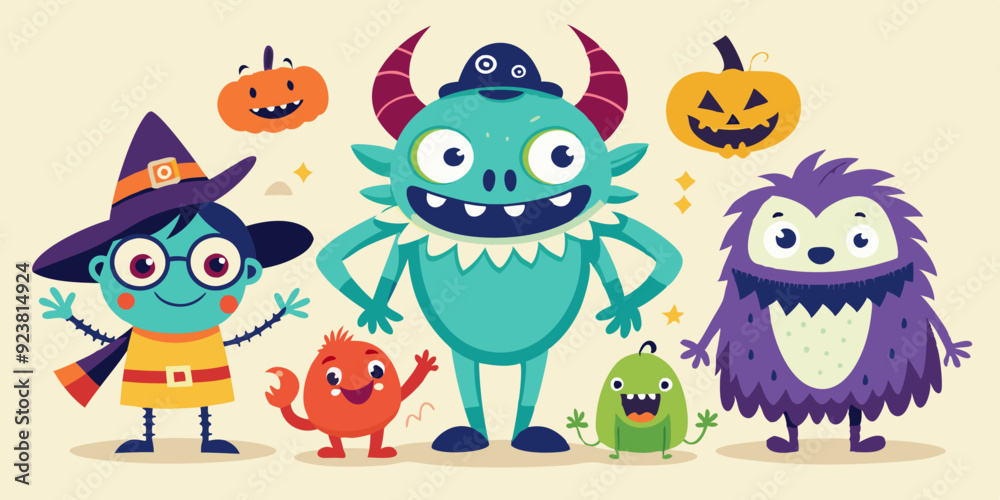 Naklejka premium Halloween cute monster set, vector doodle hand drawn spooky kids creature, colorful pencil print. Cartoon holiday funny fluffy smiling alien, naive baby horror humor illustration. Cute monster sketch