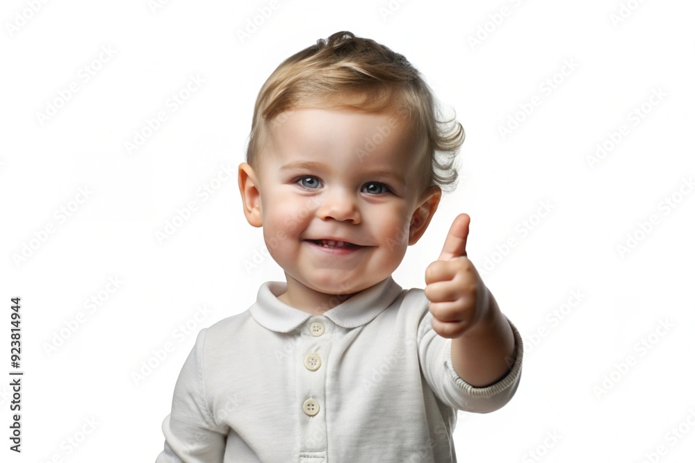 A cute toddler isolated on a white background, enthusiastically giving a thumbs up sign A cute toddler isolated on a white background, enthusiastically giving a thumbs up sign