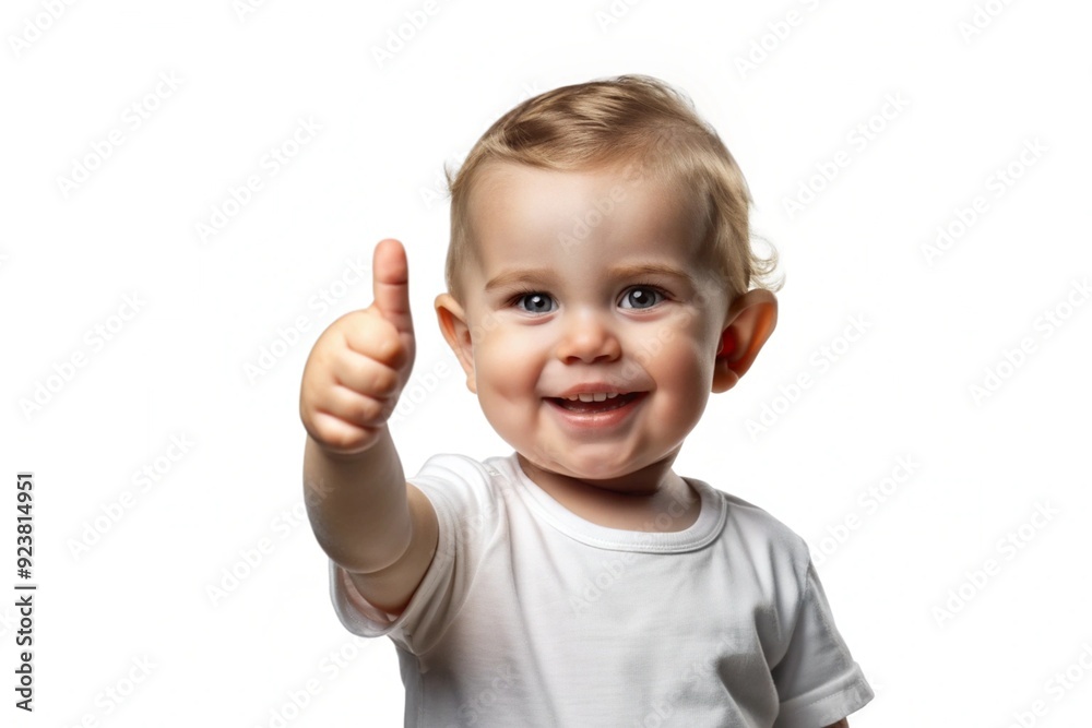 A cute toddler isolated on a white background, enthusiastically giving a thumbs up sign A cute toddler isolated on a white background, enthusiastically giving a thumbs up sign