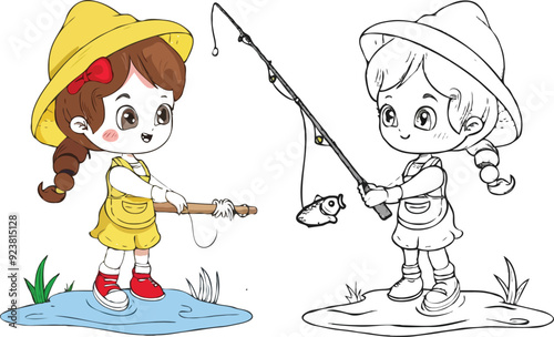 coloring page a simple drawing of red yellow with baby girl & boy fishing, vector illustrator