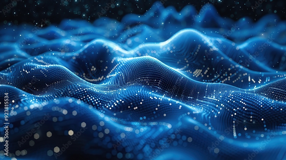 Abstract Digital Landscape - Blue Waves and Glowing Particles Abstract Digital Landscape - Blue Waves and Glowing Particles