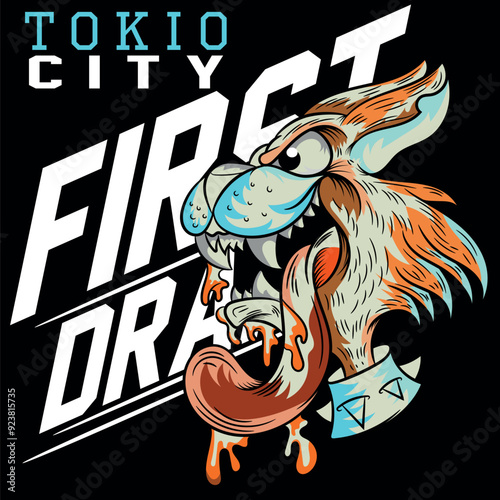 Rebel rocker cat with tongue hanging out, with vibrant punk style colors, urban sports texts with crazy numbers and studies for stickers or other applications, novel designs. biker and skater