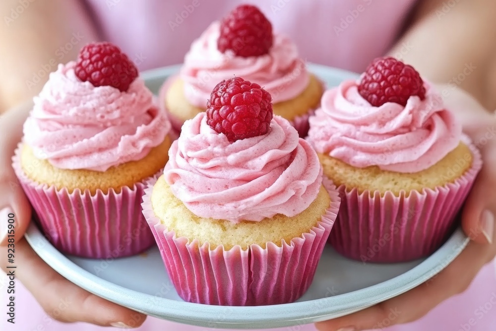 Delicious raspberry cupcakes held person Delicious raspberry cupcakes held person