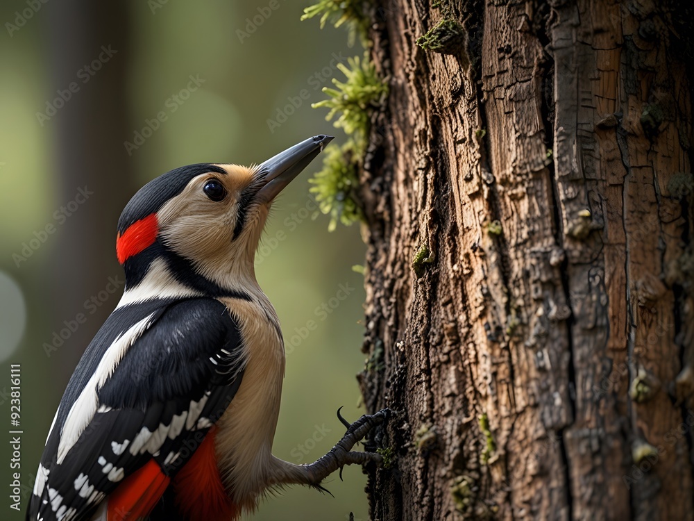 Black and white woodpecker with red crown pecks tree trunk, while colorful hornbill with large red beak perches on nearby branch Black and white woodpecker with red crown pecks tree trunk, while colorful hornbill with large red beak perches on nearby branch