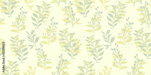 Green mint pattern with abstract shape branches leaves on a light background. Vector hand drawing sketch. Simple creative floral stems pastel seamless print. Design for fashion, fabric, textiles