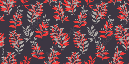 Colorful simple pattern with abstract shape branches leaves on a dark  background. Vector hand drawing sketch. Creative unique floral stems pastel seamless print. Design for fashion, fabric, wallpaper