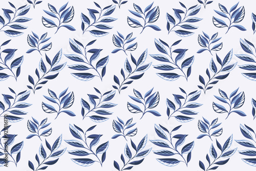 Unique abstract tropical floral stems pattern on a light background. Creative simple blue shape branches leaves seamless print. Vector hand drawing sketch. Design for fashion, fabric, textiles, cover