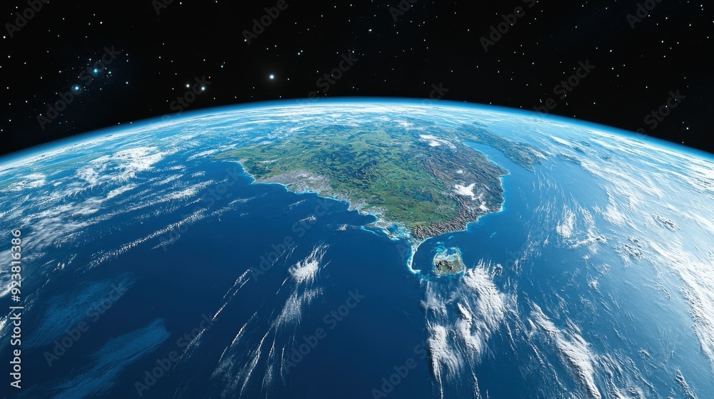 Obraz premium Highly detailed Earth from space, focusing on New Zealand, with visible landmass, oceanic textures, and atmospheric effects, offering a global perspective in high resolution