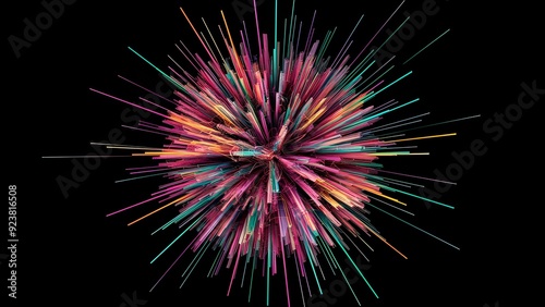 An energetic dynamic computerized work of art with an eruption of brilliant lines on a dark background, encapsulating an idea of blast of inventiveness