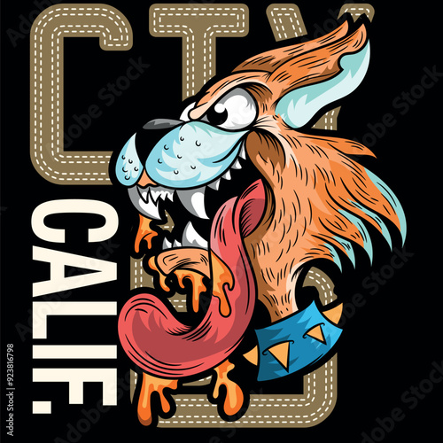 Rebel rocker cat with tongue hanging out, with vibrant punk style colors, urban sports texts with crazy numbers and studies for stickers or other applications, novel designs. biker and skater