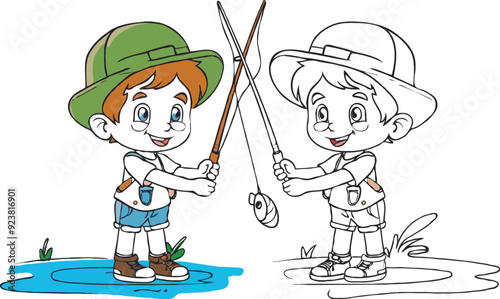 coloring page a simple drawing of red yellow with baby girl & boy fishing, vector illustrator