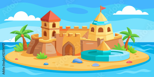 3D sand castle summer set, kids beach vacation vector building illustration, holiday sea sculpture. Cartoon travel architecture medieval house children outdoor tropical game. Sand castle shore clipart