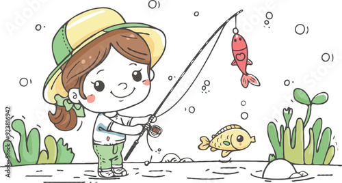 coloring page a simple drawing of red yellow with baby girl & boy fishing, vector illustrator