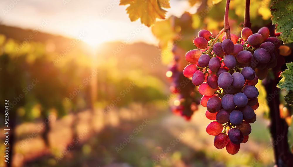 Fototapeta premium Red grape ripening in the sun rays on a vineyard. Soft sunset light with view to the vine fields in the background
