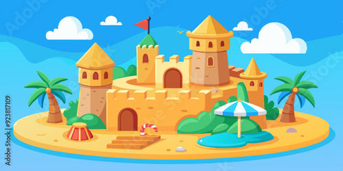 3D sand castle summer set, kids beach vacation vector building illustration, holiday sea sculpture. Cartoon travel architecture medieval house children outdoor tropical game. Sand castle shore clipart