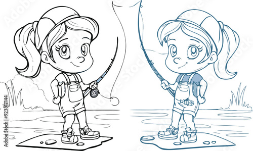 coloring page a simple drawing of red yellow with baby girl & boy fishing, vector illustrator