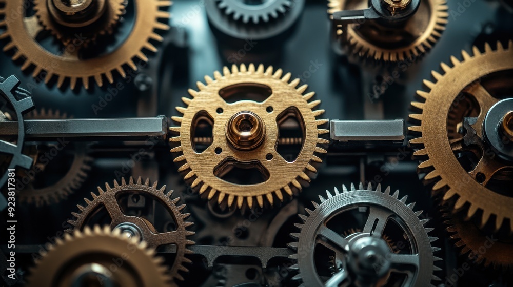 Intricate gears and cogs interlocking in a complex mechanism, symbolizing precision engineering and technological advancement. Intricate gears and cogs interlocking in a complex mechanism, symbolizing precision engineering and technological advancement.