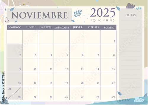 Calendario mensual 2025 en Español. NOVIEMBRE