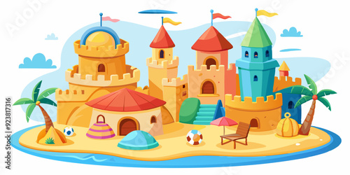 3D sand castle summer set, kids beach vacation vector building illustration, holiday sea sculpture. Cartoon travel architecture medieval house children outdoor tropical game. Sand castle shore clipart