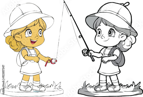 coloring page a simple drawing of red yellow with baby girl & boy fishing, vector illustrator